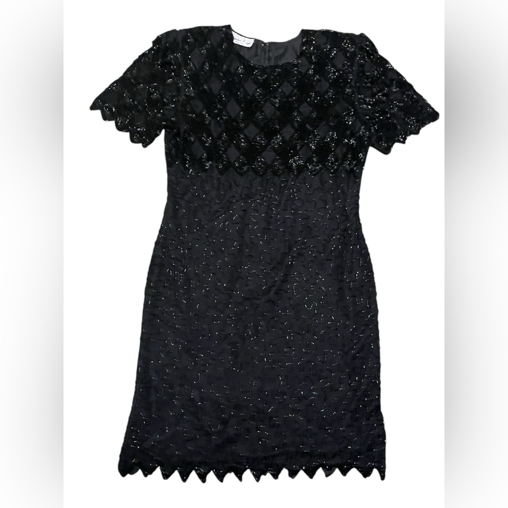 Laurence Kazar Vintage Black Beaded Sequin Cocktail Dress Scalloped Hem
